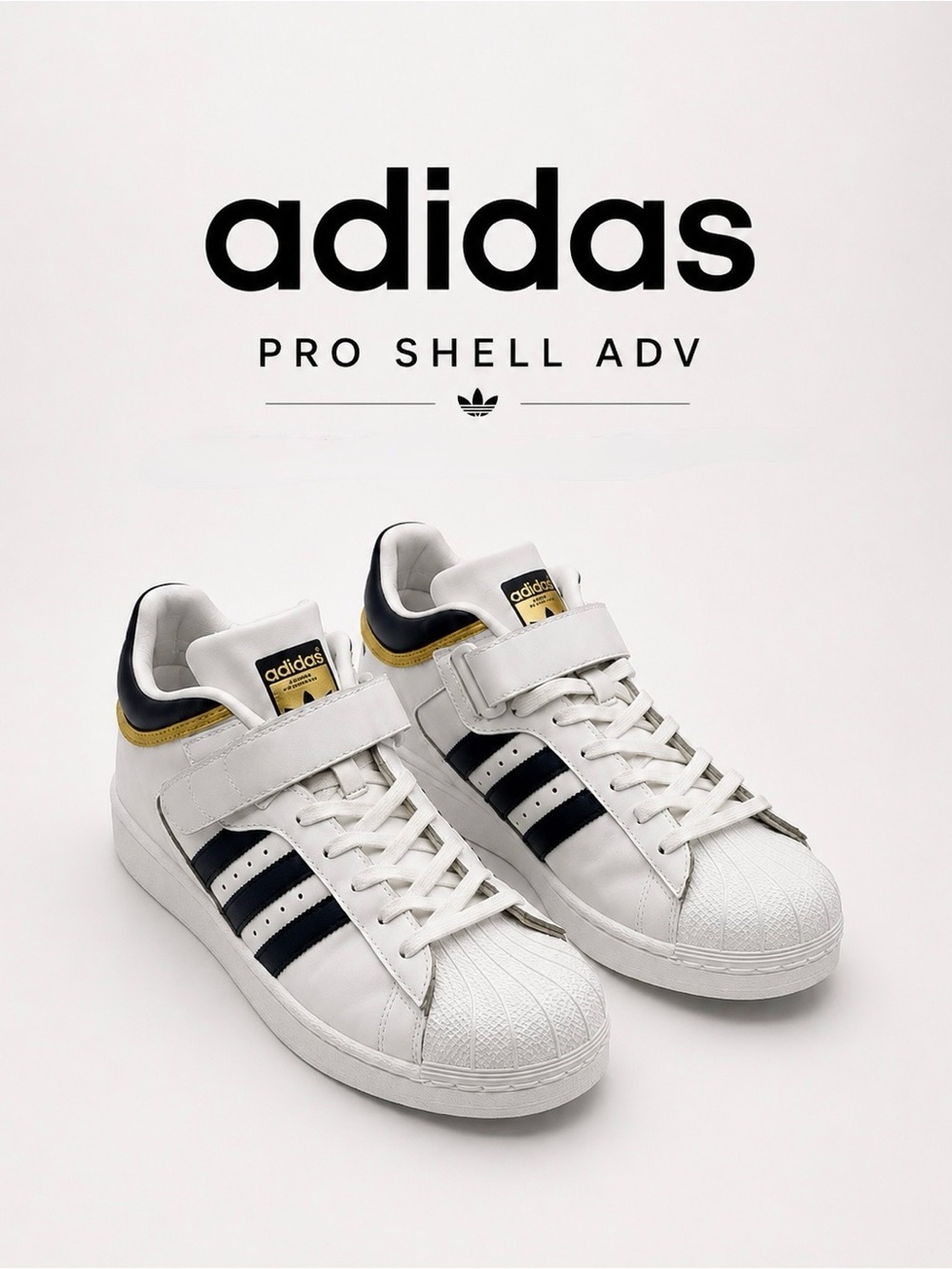 adidas Pro Shell ADV Leather Mid Sneakers White Navy Gold Metallic